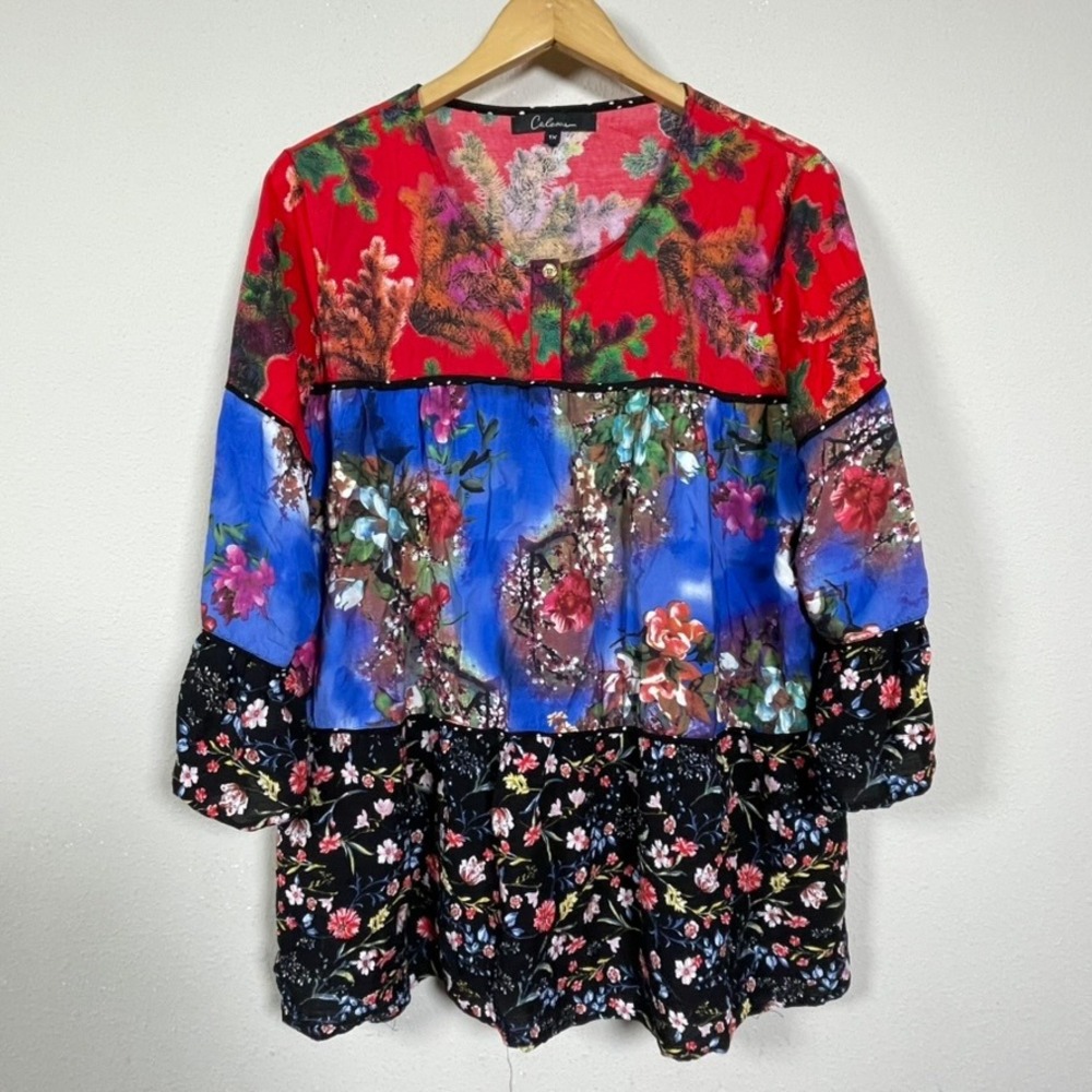 Calessa Floral Tiered Tunic 1X Multi Color Boho 3/4 Bell Sleeve Cottagecore Top